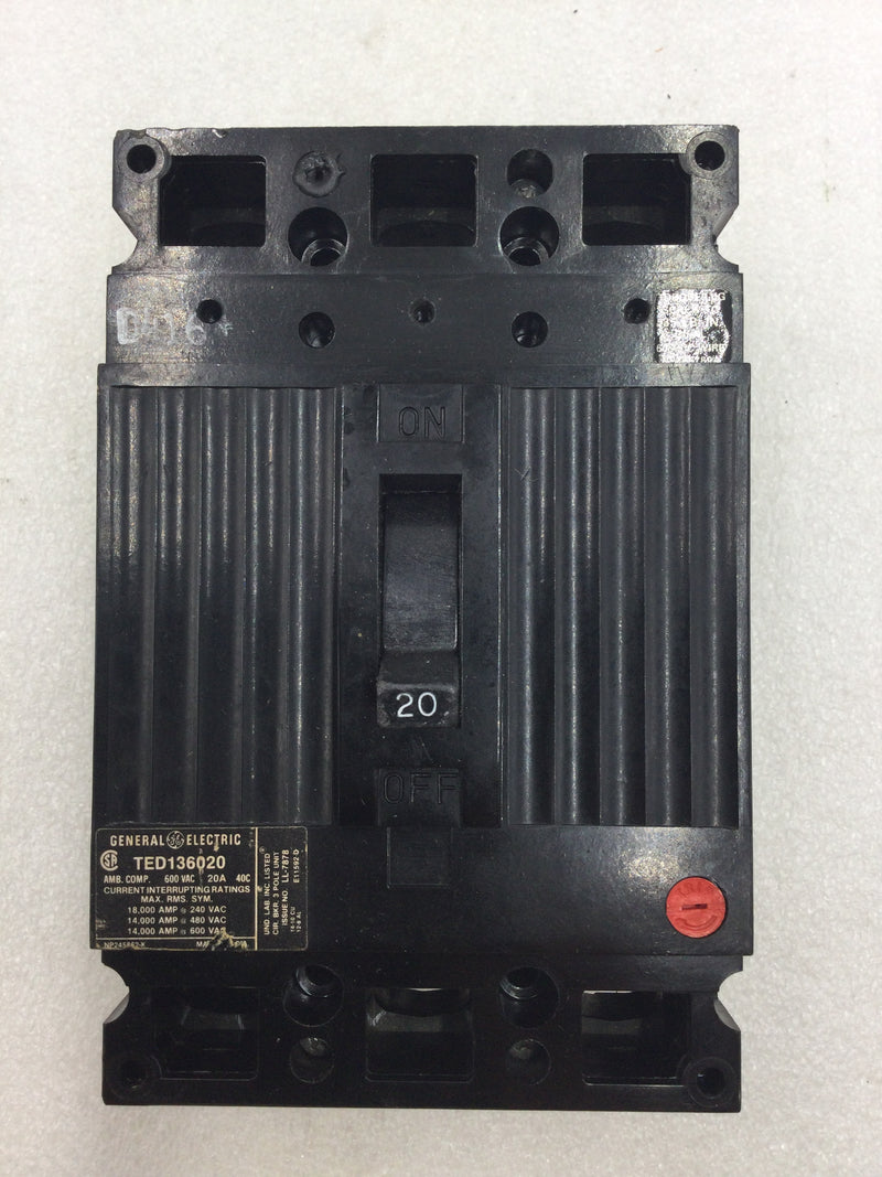 GE General Electric TED136020 20 Amp 3 Pole 600V Circuit Breaker