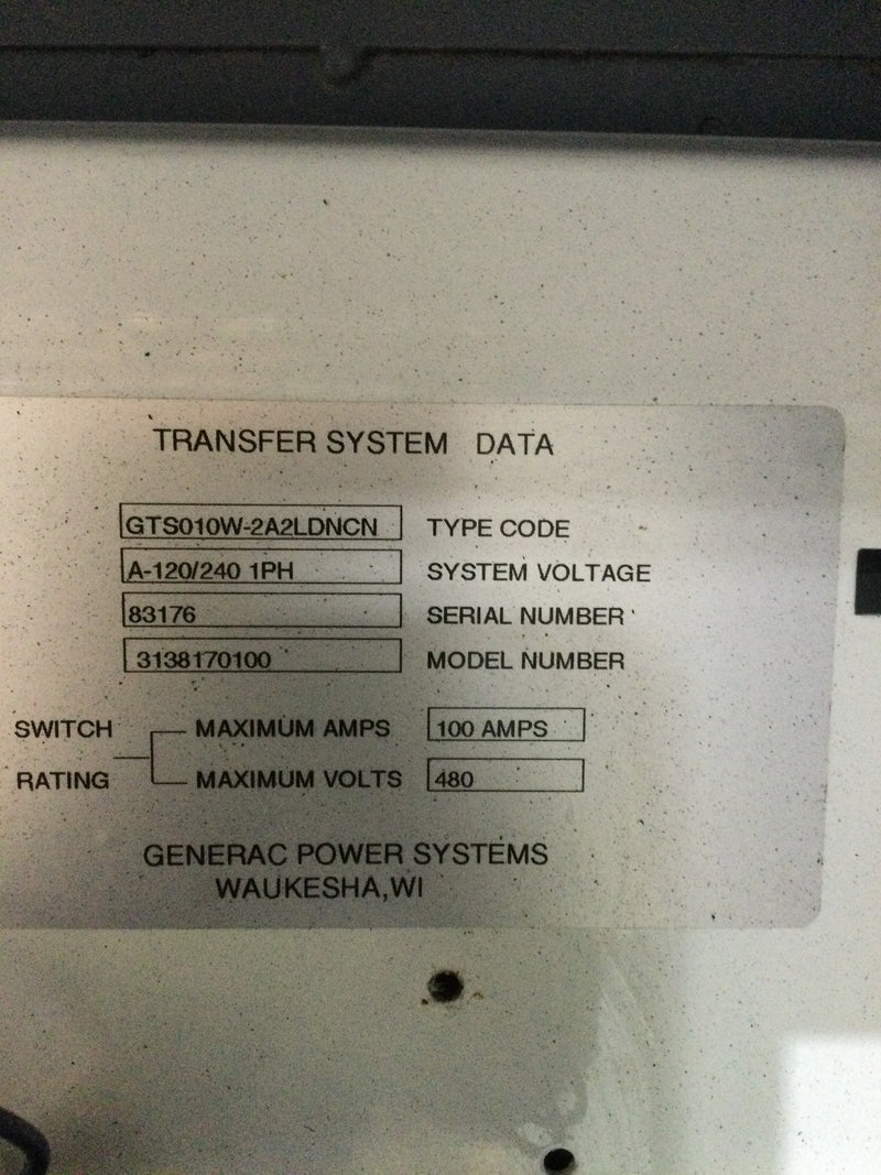 Generac Type GTS01W-2A2LDNCN 100 Amp, 480V Transfer switch
