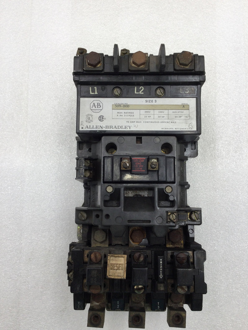 Allen Bradley 509-DOD 90 Amp 3 Pole 200-575V 50 HP Motor Starter w/ 120 VAC Coil