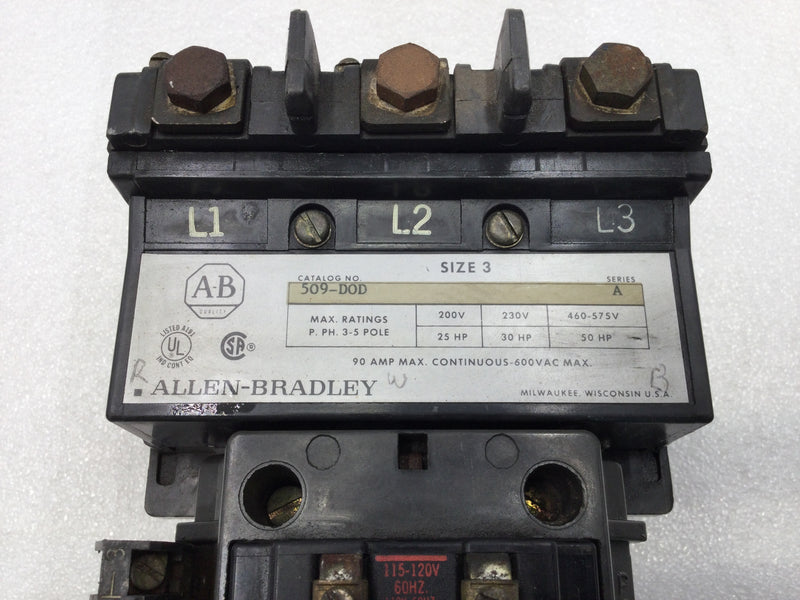 Allen Bradley 509-DOD 90 Amp 3 Pole 200-575V 50 HP Motor Starter w/ 120 VAC Coil