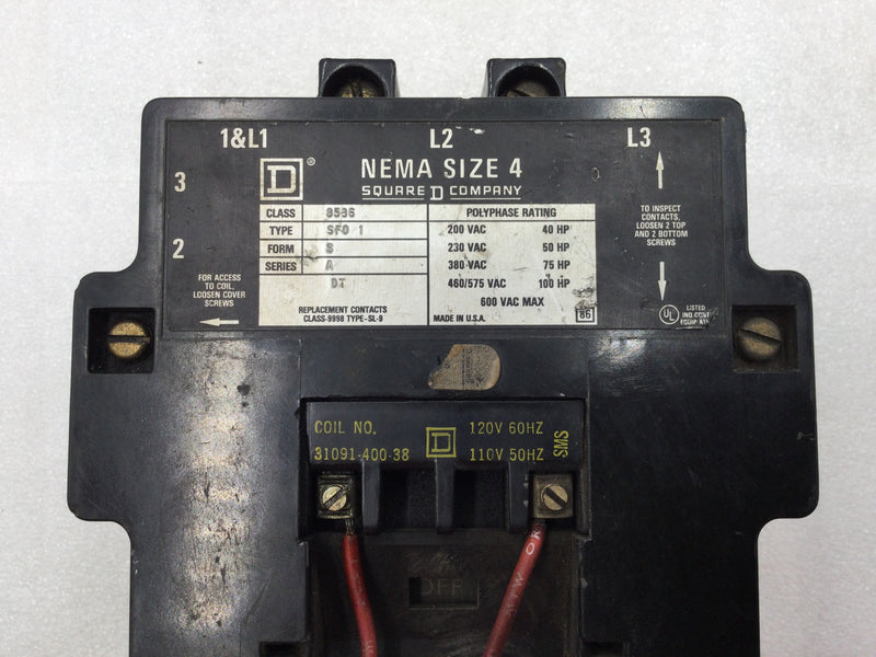 Square D 8536SF01 3 Pole 200 -575 VAC 40-100 HP Motor Starter with 120 VAC Coil