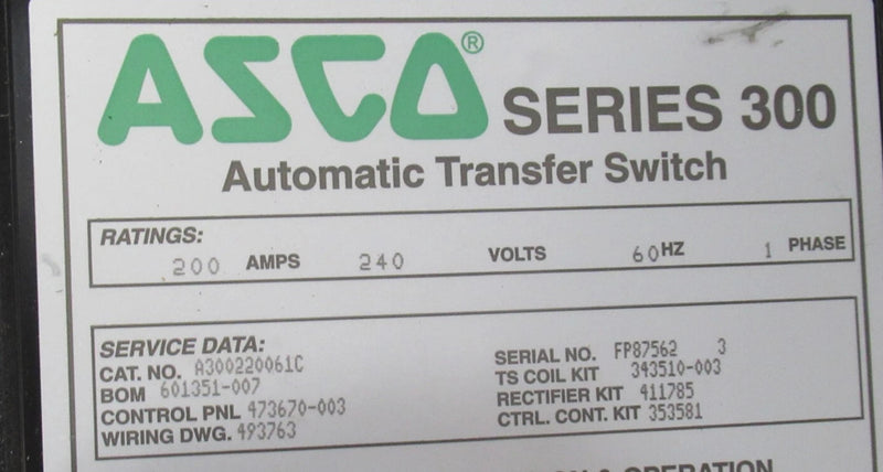 Asco A300220061C 200 Amp Single Phase 240V Automatic Transfer Switch