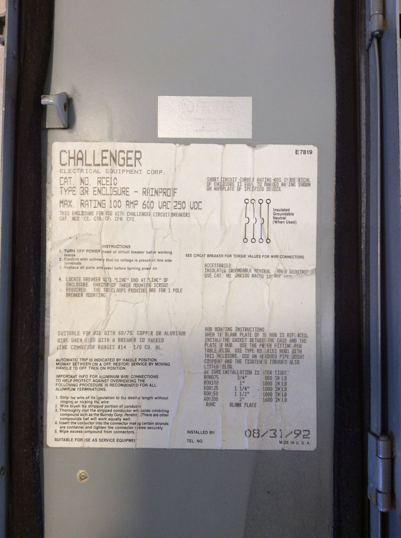 Challenger RCE10 100A 600VAC Nema3R Circuit Breaker Disconnect Enclosure