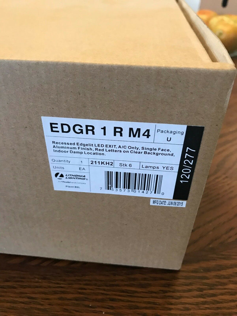 Lithonia EDGR1 R M4 Red Letters Recessed Edgelit Led Aluminum Finish Exit Sign