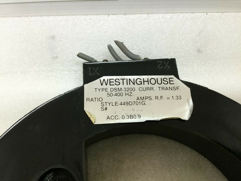 Westinghouse Current Transformer No 449d701g Amps R.F=1.33, Dsm-3200, 50-400hz