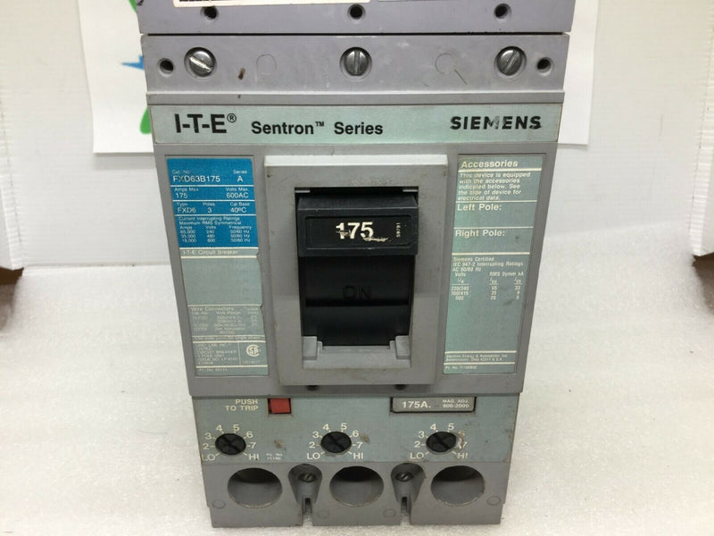 Ite Siemens Sentron Fxd63b175 175 Amp 600 Volt 3-Pole Breaker W/ 175 Amp Trip