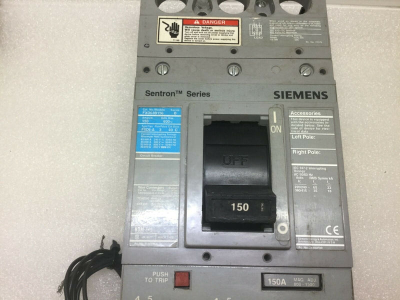 Siemens FXD63B150 150Amp 3-Pole Circuit Breaker 600V Type FXD6 150 Amp Shunt Trip