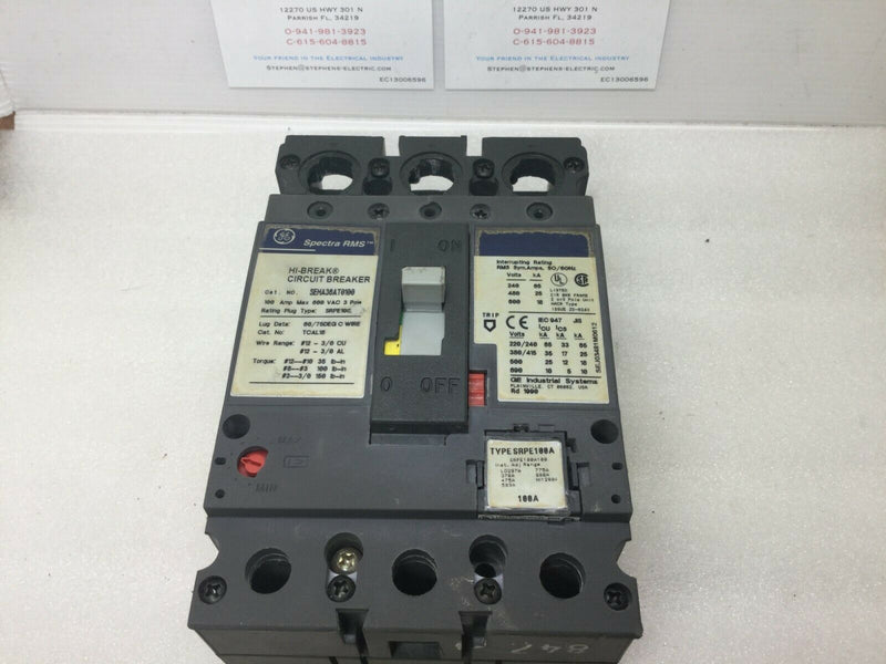 General Electric Seha36at0100 3 Pole 100a Ge Circuit Breaker W/100 Amp Plug