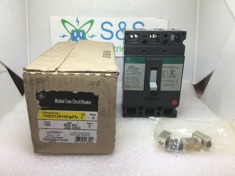 General Electric THED136100 Circuit Breaker 100 Amp 600VAC 3 Pole Type THED Green Label