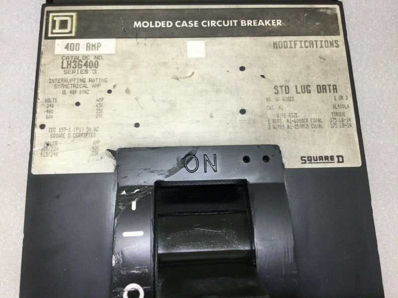 Square D LH36400 3 Pole 600v 400 Amp Molded Case I Line Circuit Breaker