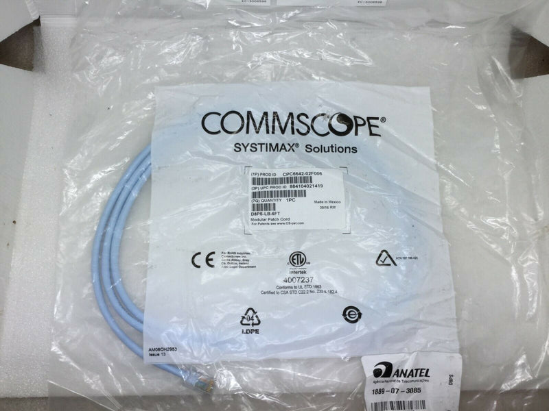 Commscope Systimax Anatel Cat6 Patch Cable Light Blue D8sp-Lb-6ft 30/16rm 3085