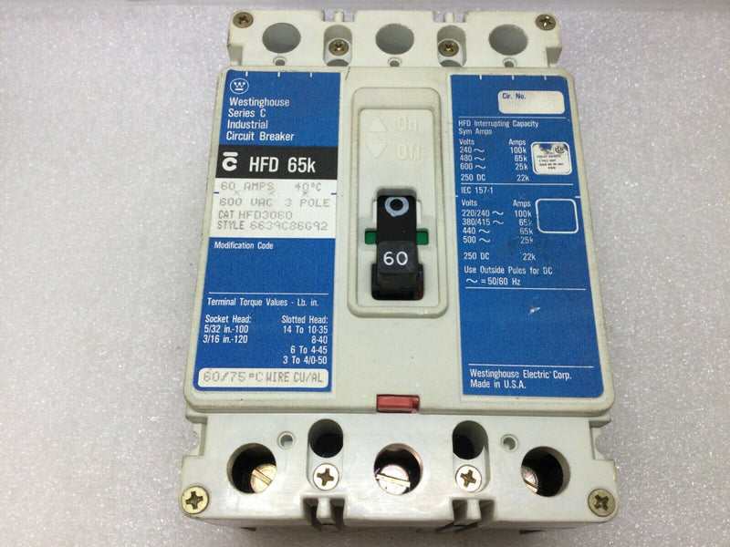 Westinghouse Hfd3060l Molded Case Circuit Breaker 3-Pole 60a 600v 250vdc