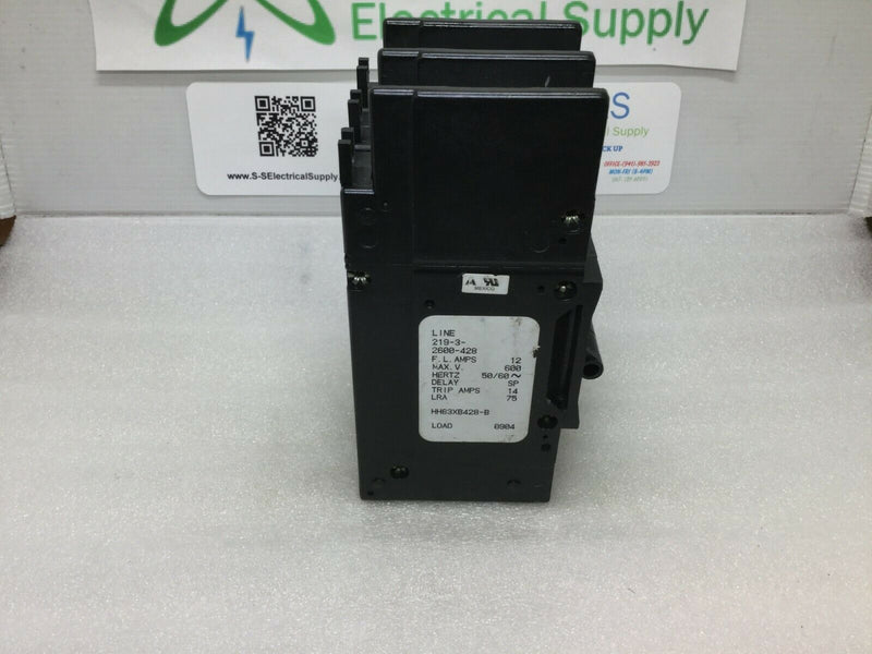 Airpax Line 219-3-2600-428 Circuit Breaker 12 Amp 3-Pole 600v