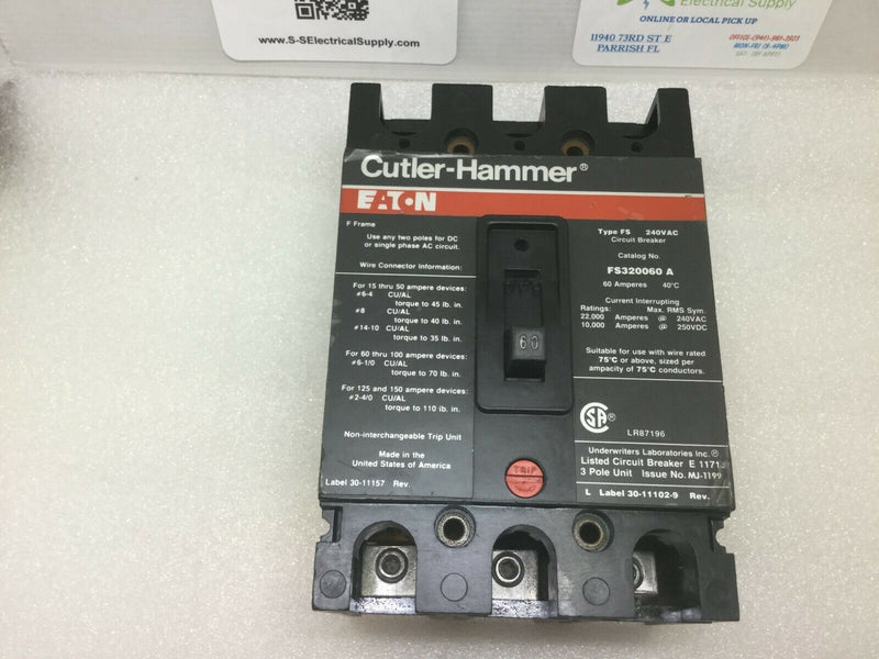 Eaton Cutler-Hammer FS320060A Molded Case 3 Pole 60 Amp Circuit Breaker