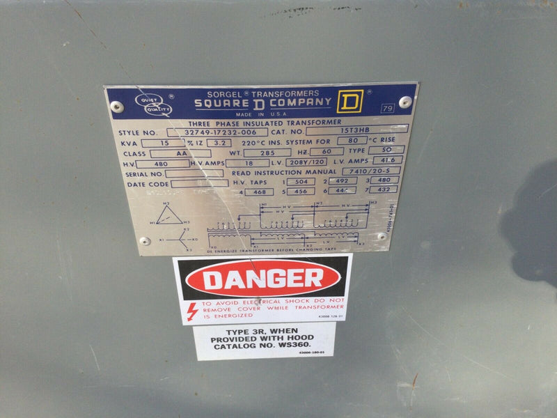 Square D 15t3hb 15 Kva 3 Phase Insulated Transformer 480 Hv 208y/120 Lv