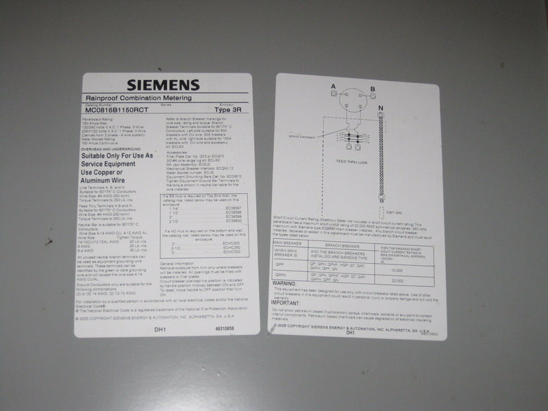 Siemens  Mco816b1150rct Electrical Panel "Door  Only"