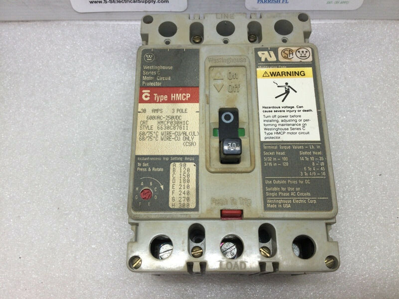 Westinghouse HMCP030H1C 30 Amp 600 Volt 3 Pole Circuit Breaker