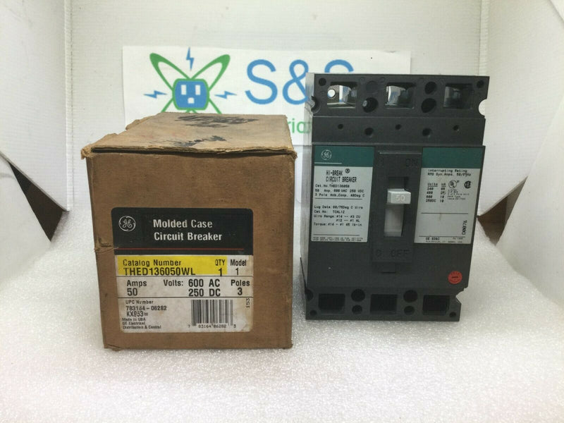 GE General Electric THED136050/THED136050WL Circuit Breaker 50 Amp 3 Pole 600v