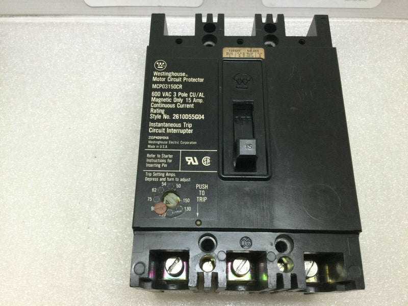Westinghouse MCP03150CR, 15 Amp, 3 Pole,  600v Molded Case Circuit Breaker