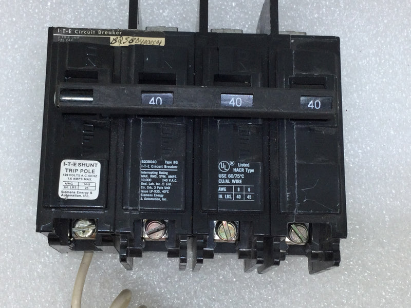 ITE/Siemens BQ3B04000S01 40 Amp 3 Pole 240 Volt Bolt-On Molded Case Circuit Breaker
