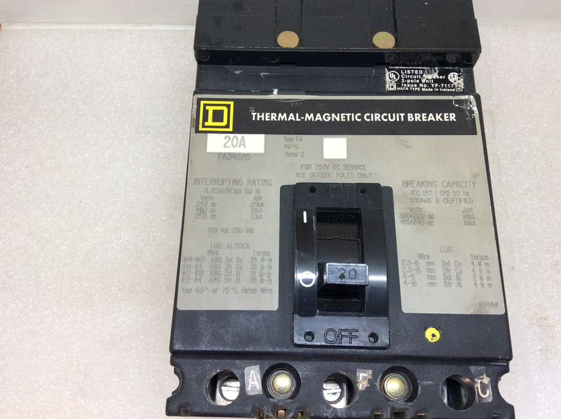 Square D FA34020 20 Amp 3 Pole Thermal-Magnetic I Line Circuit Breaker