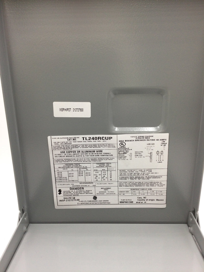 GE General Electric TL240RCUP Type 3 Outdoor Enclosure 40 Amp 2 Space 4 Circuit Main Lug  Load Center