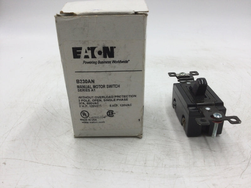 Eaton B230AN Manual Motor Switch Series A1 2-Pole Single Phase 30A 600V Open