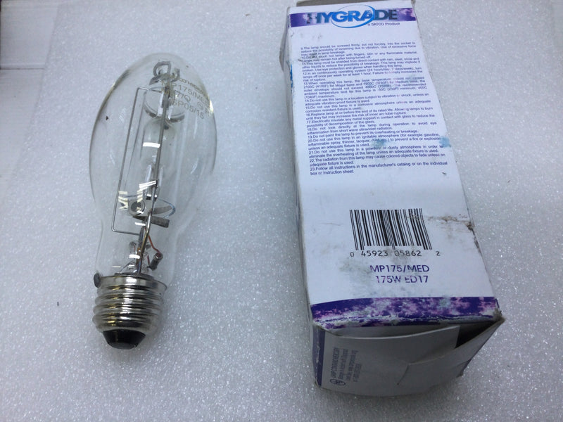 Satco Hygrade S5862 Metal Halide Lamp 175W ED17 Clear Medium Base
