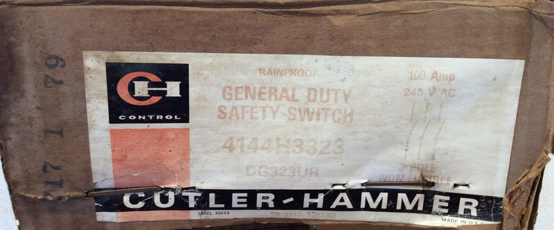 Cutler-Hammer DG323UR 3 Pole 100A 240VAC Nema3R Non-Fused Enclosed Safety Switch (New)