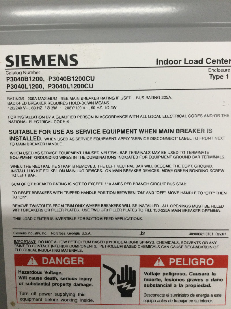 Siemens P3040B1200 120/240 VAC 200 Amp 1-Phase 3-Wire NEMA 1 Main Breaker/Convertible Load Center  - Cover Only (37 1/8" x 15 1/2)"