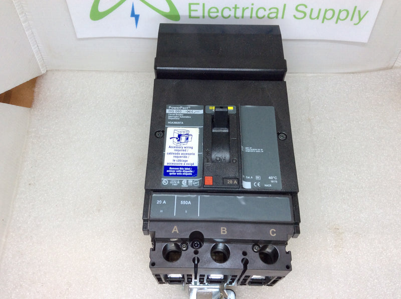 Square D HGA36020TA 3 Pole 20 Amp 600vac Model HG060 PowerPact Circuit