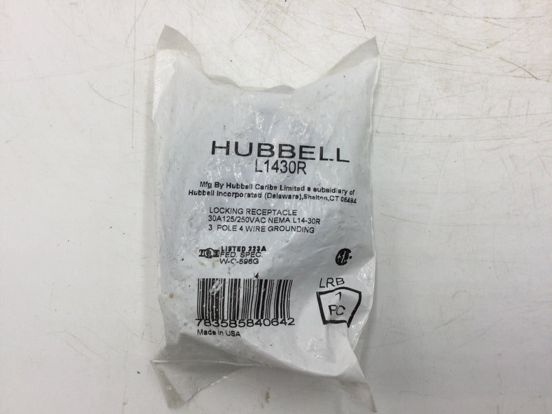 Hubbell L1430R Locking Receptacle 30A 125/250V Nema L14-30R 3-Pole 4-wire Grounding