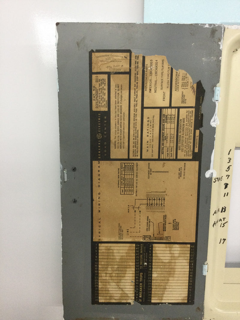 GE General Electric TM1620ST/FT 200 Amp 120/240v 3 Wire 40 Spaces Load Center Cover 21 1/4" x 15 3/8"