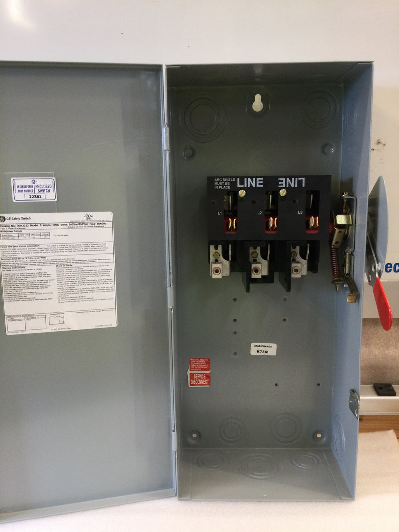 General Electric TGN3323 3 Pole 100A 240Vac - 250Vdc General Duty Non-Fused Nema1 Safety Switch (New)