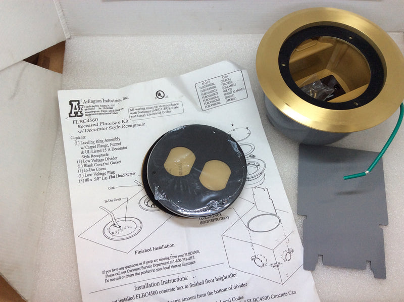 Arlington FLBC4560DMB 4.5" Recessed Concrete Box Brass Cover Kit With TR Decora Recep