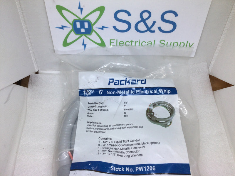 Packard 1/2" 6' Non Metallic Electrical Whip 30 Amp 600v PW1206