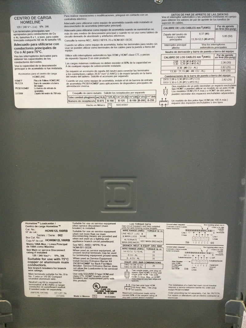 Square D HOM612L100RB Load Center Main Lug 100 Amp Load Center