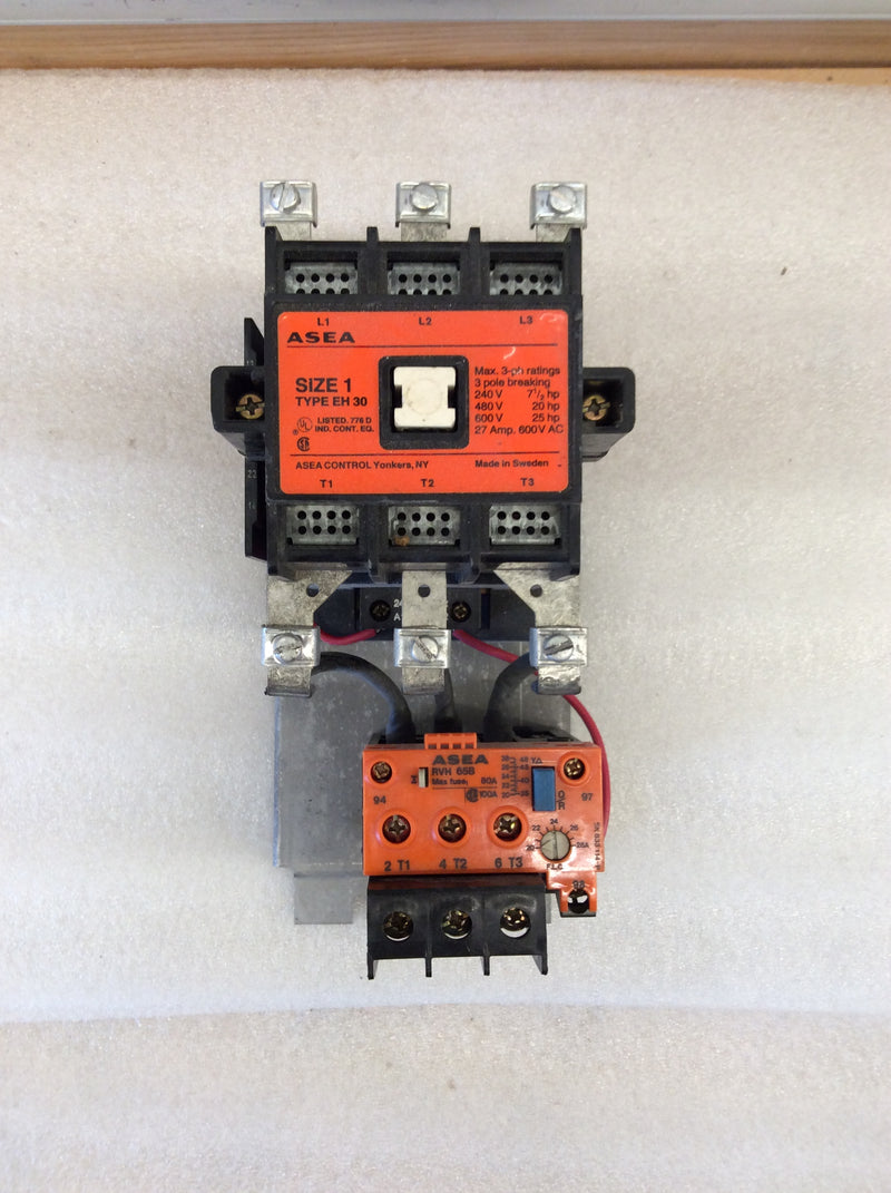 Asea/ABB Type EH30 Size 1 Nema Contactor 3Ph 600VAC 25Hp Max With RVH 65B Overload Relay