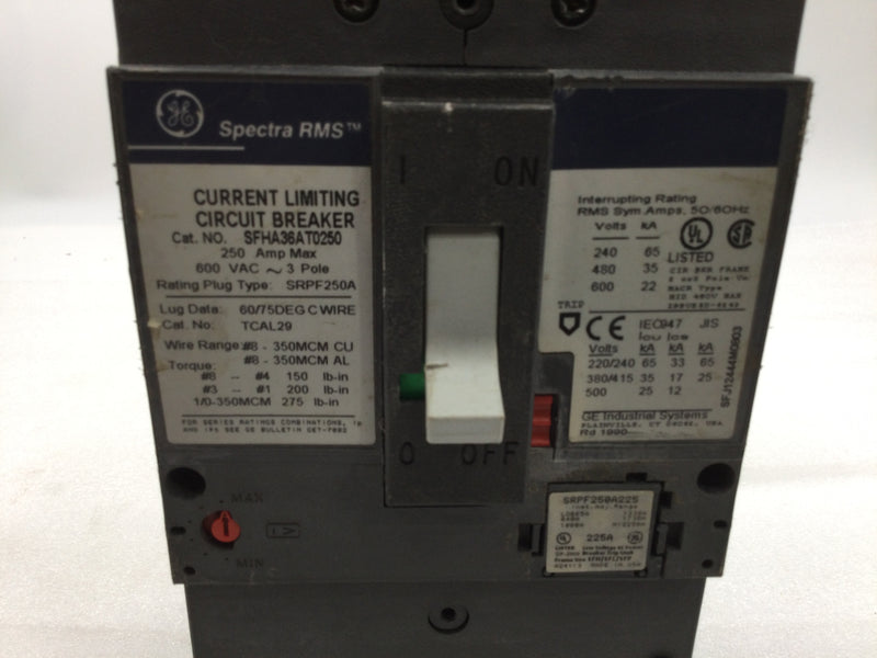 GE/General Electric SFHA36AT0250 3 Pole 250A 600VAC w/ 225A Trip Spectra Series Circuit Breaker