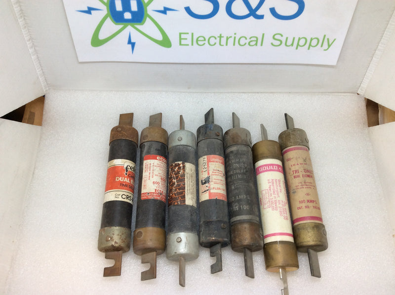 Lot Of 7 100A 250VAC Dual-Element Time-Delay Knife Blade Fuses (Assorted Brands)