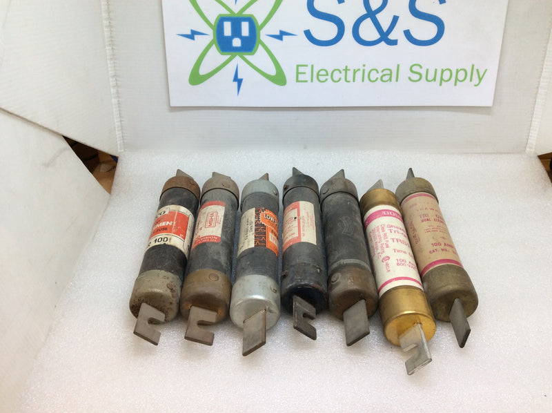 Lot Of 7 100A 250VAC Dual-Element Time-Delay Knife Blade Fuses (Assorted Brands)