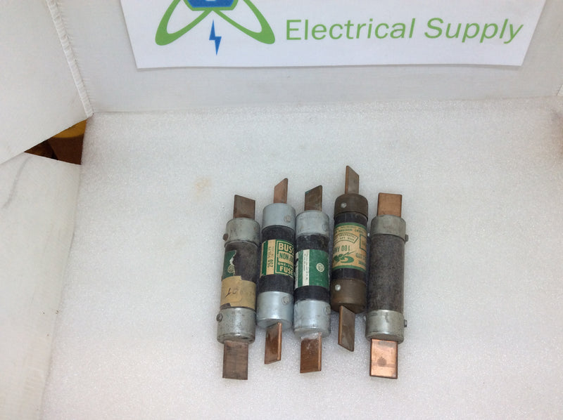 (5) 100A Fuses One-Time Class K-5 250V Or Less Mixed Brands