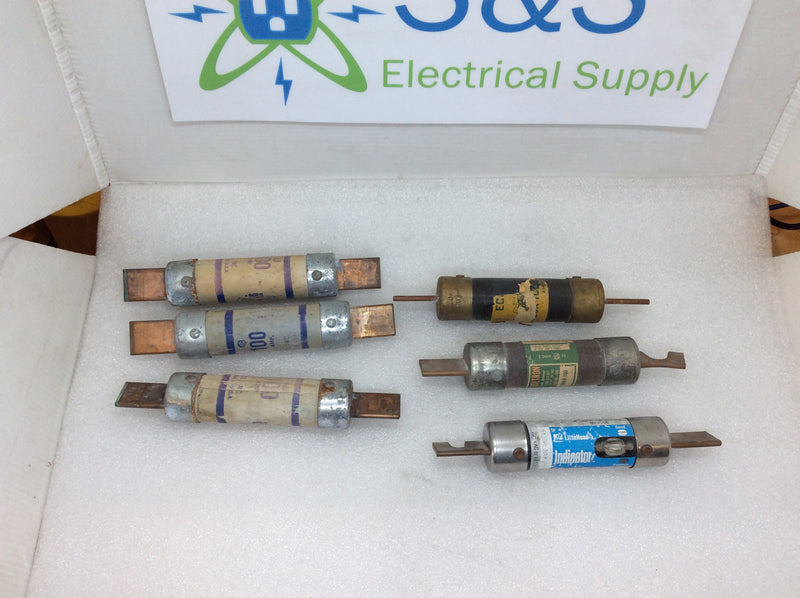 (6) 100A Fuses Dual-Element Time Delay Class RK-5 250V Or Less Mixed Brands