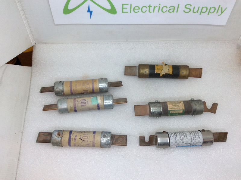 (6) 100A Fuses Dual-Element Time Delay Class RK-5 250V Or Less Mixed Brands