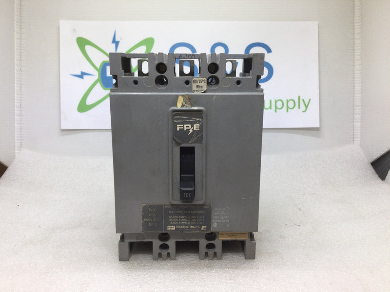 FPE Federal Pacific HFB3100 100 Amp 3 Pole 600V Circuit Breaker