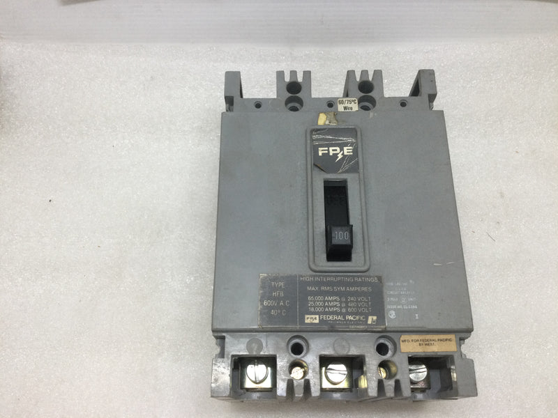 FPE Federal Pacific HFB3100 100 Amp 3 Pole 600V Circuit Breaker