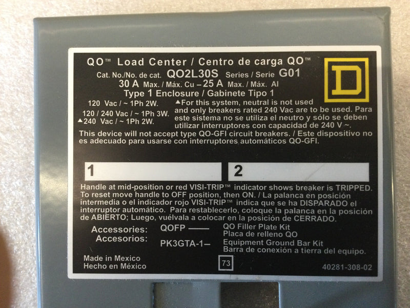 Square D QO2L30S 30 Amp 120/240VAC 2 Pole Type 1 Enclosure QO Load Center Series G01 7" x 4"