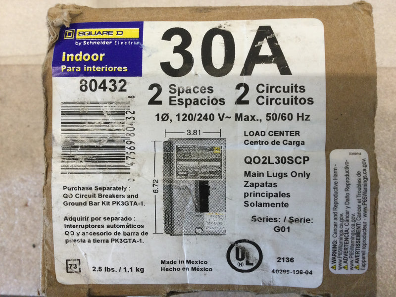 Square D QO2L30S 30 Amp 120/240VAC 2 Pole Type 1 Enclosure QO Load Center Series G01 7" x 4"