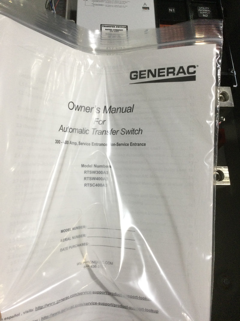 Generac RTSW300A3 300A Single Phase 120/240VAC Nema3R Open Transition Service Rated ATS