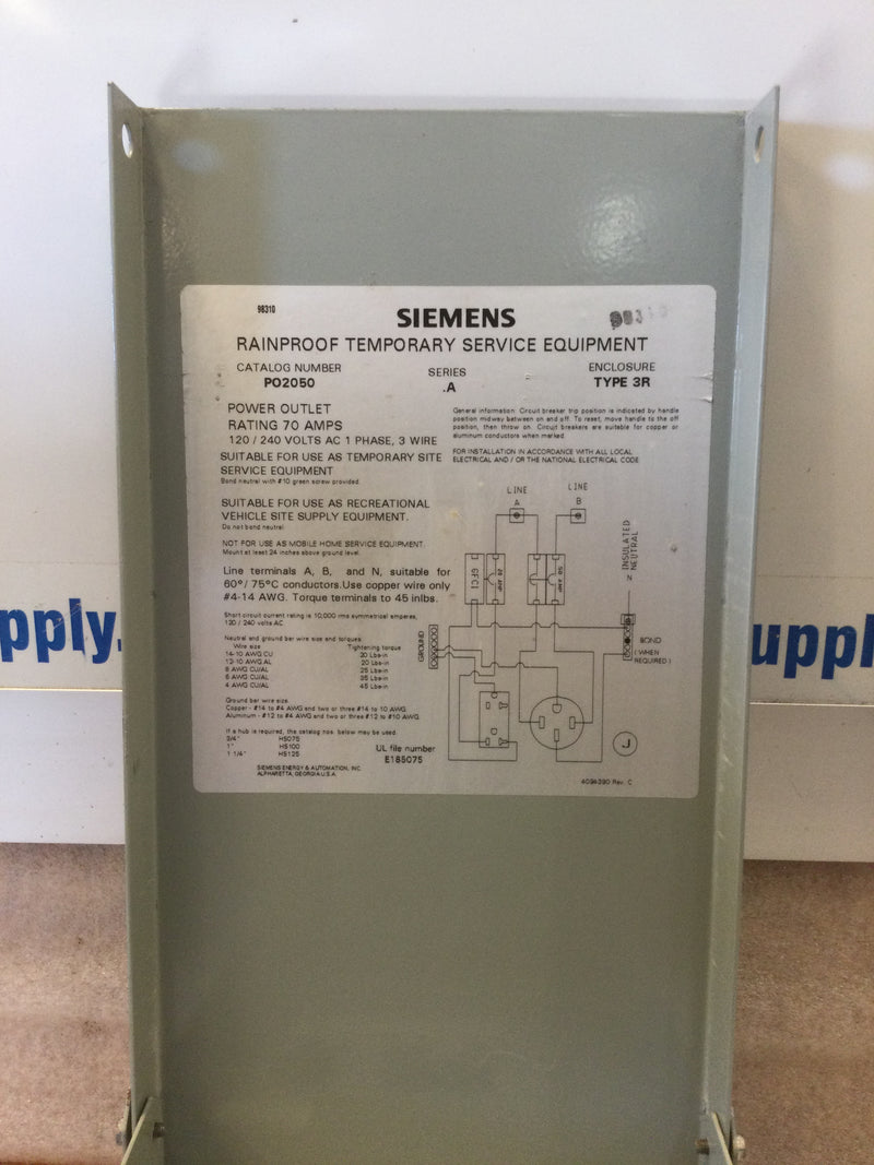 Siemens PO2050 Series A Nema3R 70A 120/240VAC 20A Duplex 50A 4 Wire Receptacles GFCI Protected